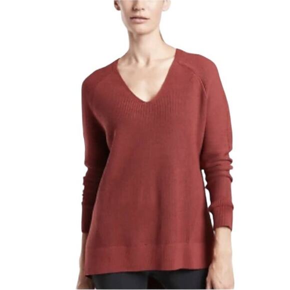 Athleta Hanover V Neck Sweater In Canyon Red Size Small Merino Wool Blend Ribbed - Picture 1 of 11